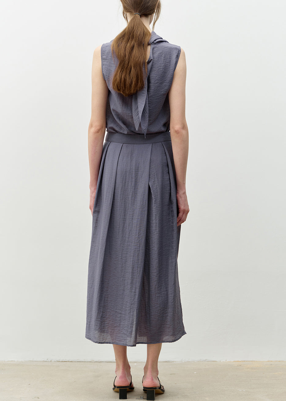 Blue Bow Asymmetrical Linen Top and Skirts Two Piece Set Sleeveless