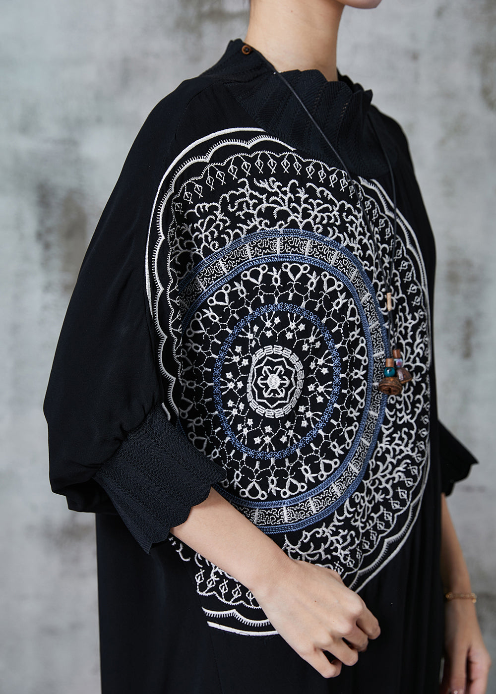 Unique Black Oversized Cotton Maxi Dresses Batwing Sleeve Fall