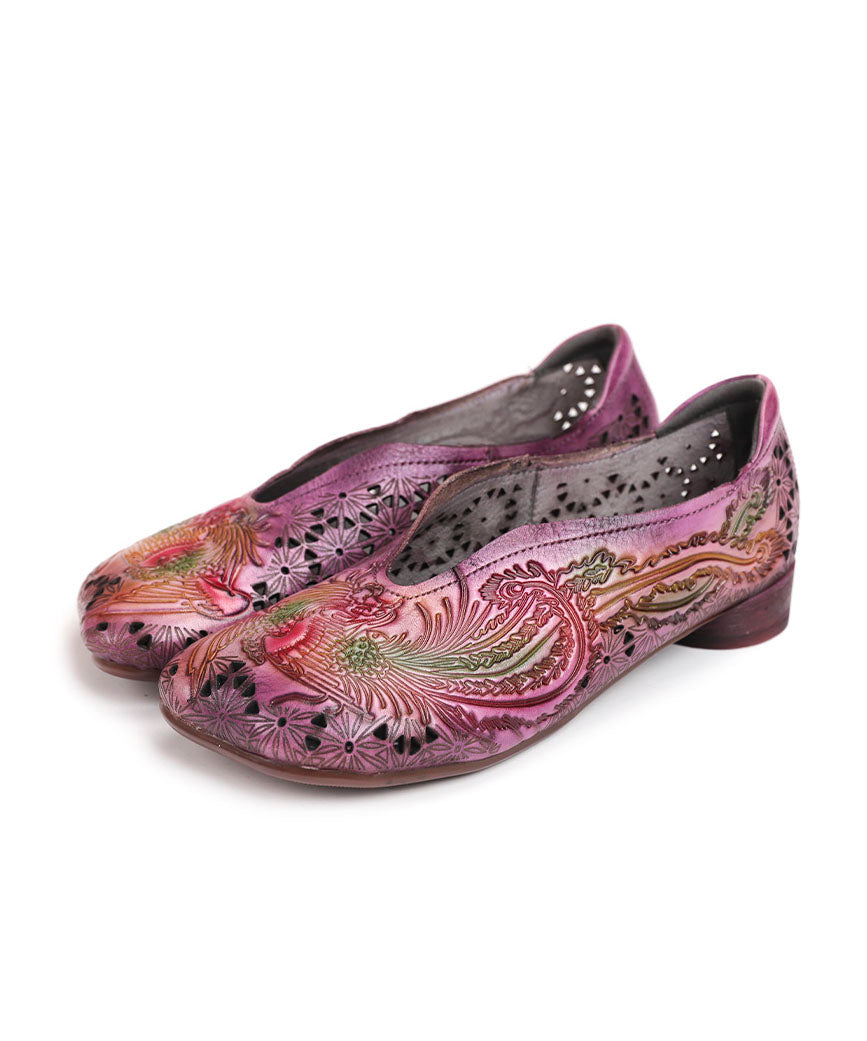 Purple Hollow Out Embossed Splicing Cowhide Leather Flat Shoes for