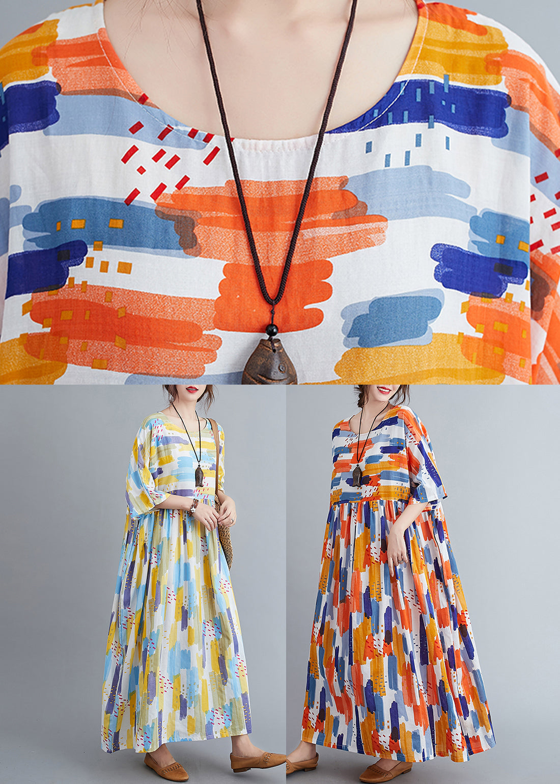 Yellow O-neck Print Long Dress Spring