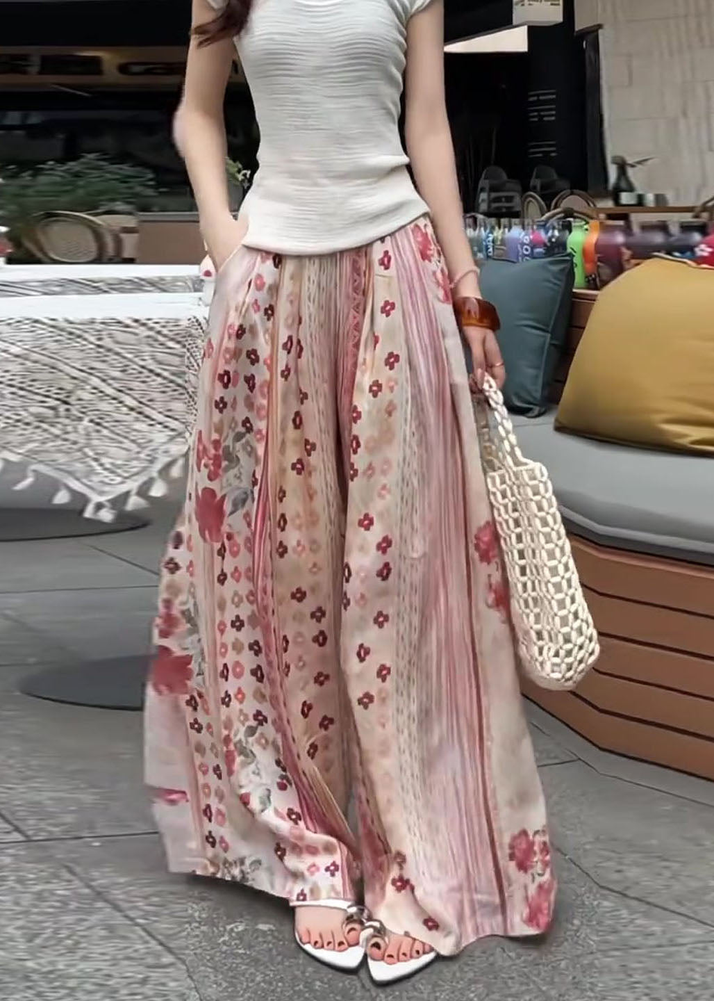 Pink Oversized Print Cotton Wide Leg Pants Fall