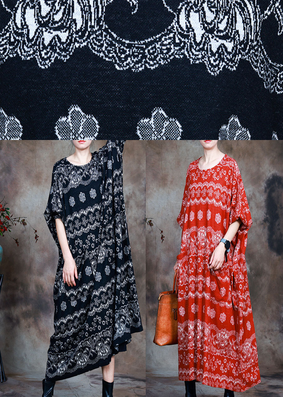 Black Knit Print Fall Long Sleeve Dress