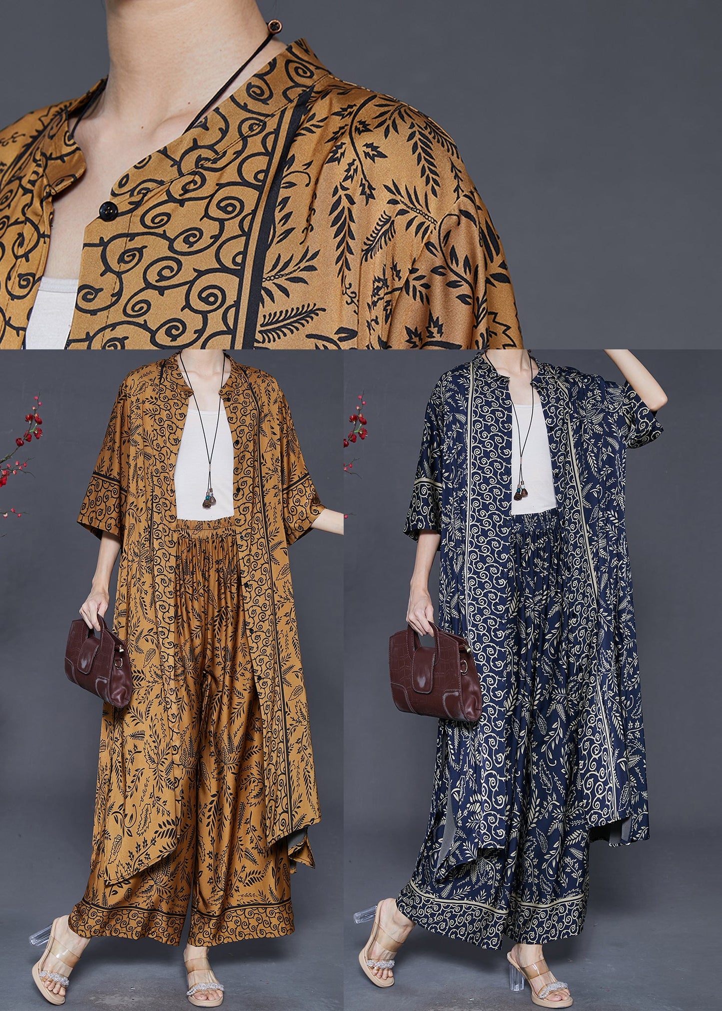 Navy Print Silk Two Piece Set Clothing Oversized Summer
