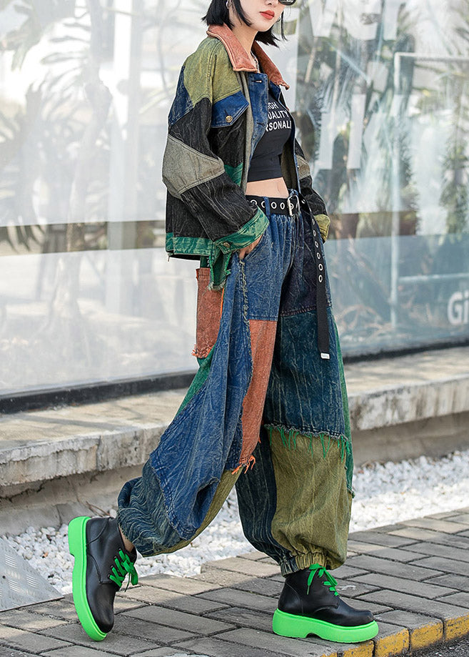 Vogue Colorblock Peter Pan Collar Button Patchwork Denim Coats and Harem Pants Two Pieces Set Long Sleeve