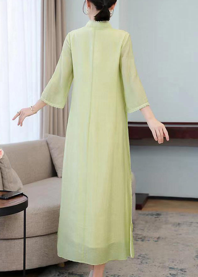 Light Green Stand Collar Embroideried Silk Long Dresses Half Sleeve