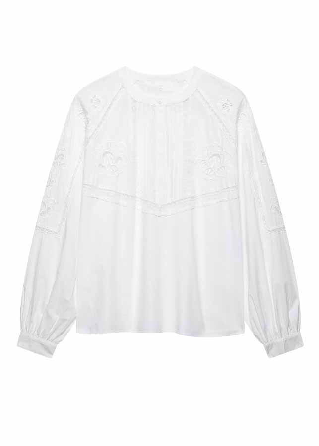 White Hollow Out Embroidered Cotton Two Piece Set Fall