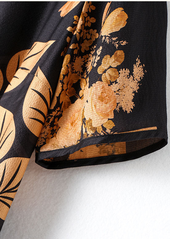 Fitted Black O-neck Print Side Open Silk Dress Short Sleeve