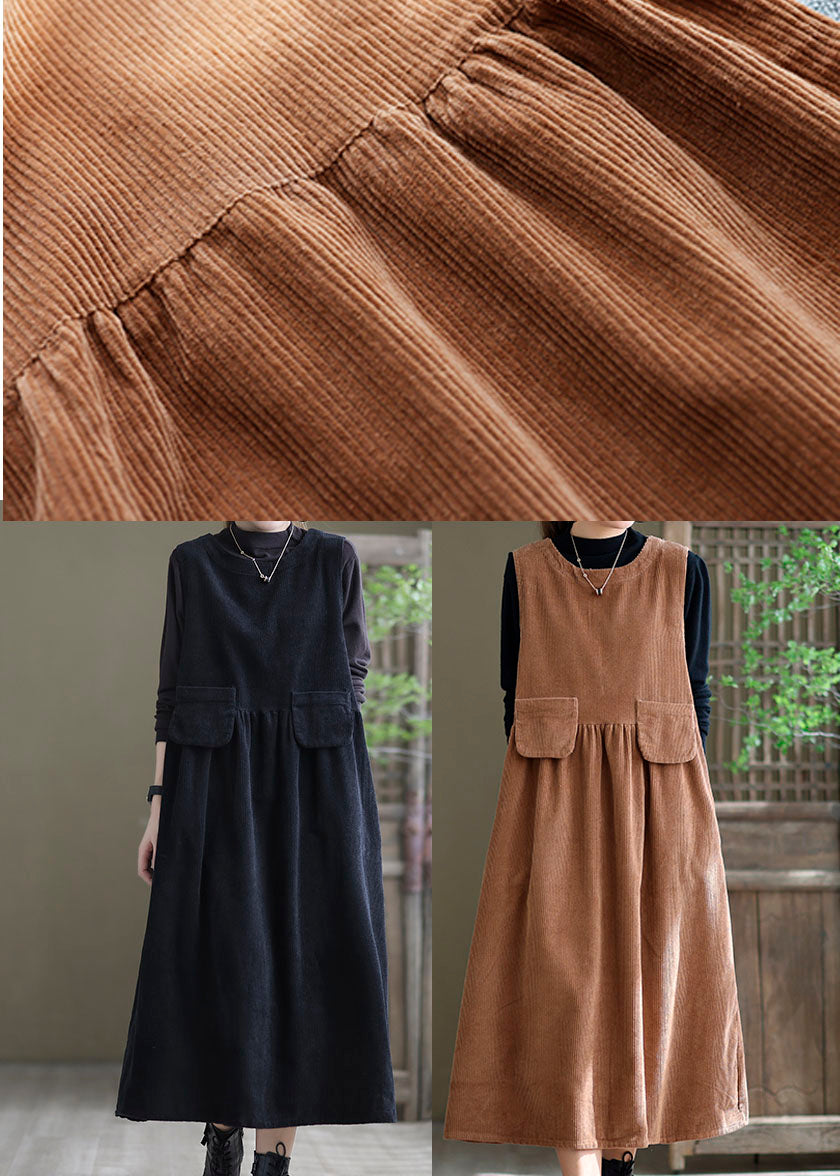 Black Pockets Corduroy Robe Dresses Sleeveless