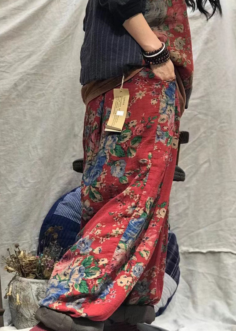 Modern Red Oriental Print Thick Harem Spring Pants