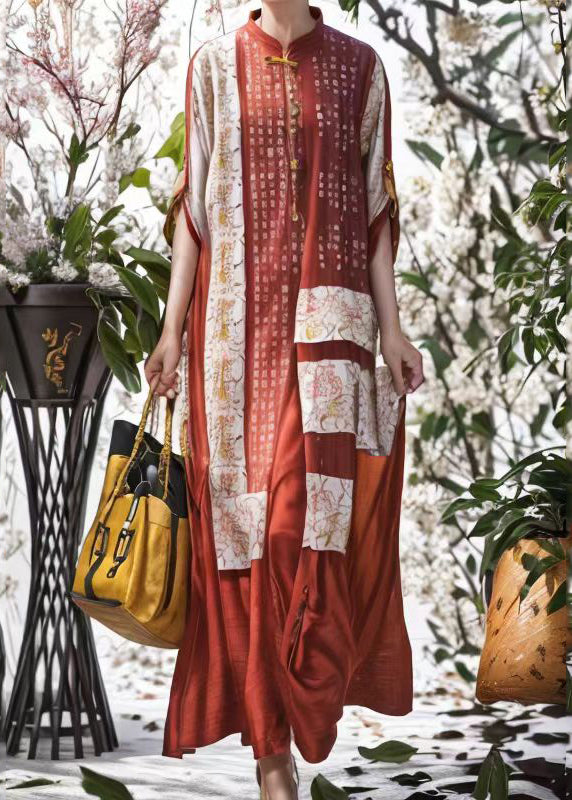 Caramel Stand Collar Patchwork Button Silk Long Dress Summer