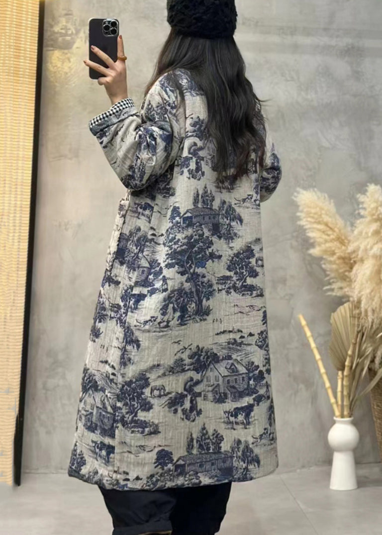 Blue Print Pockets Cotton Filled Long Trench Coat Long Sleeve