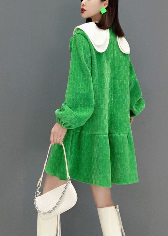 Green Peter Pan Collar Bow Plaid Velour Dresses Spring