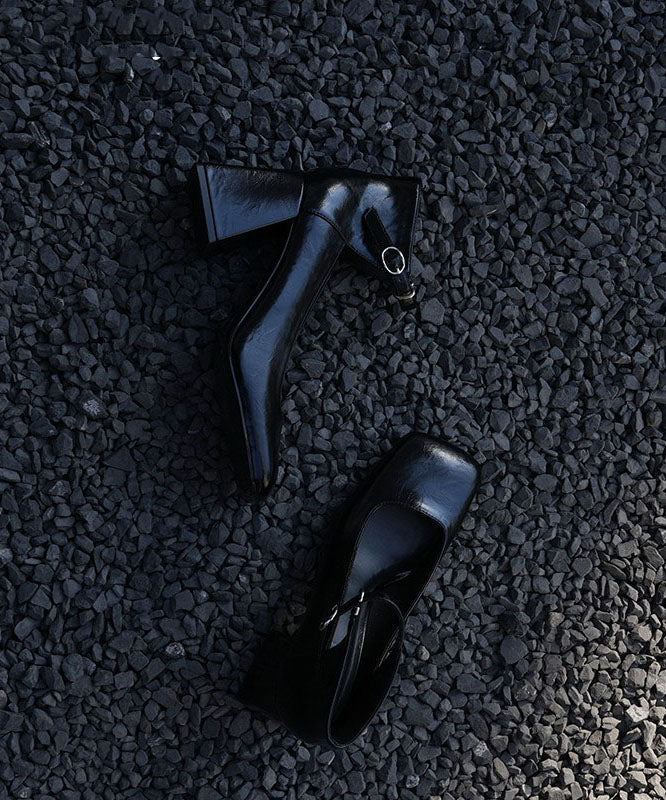 Silver Buckle Strap Splicing Chunky Heel Shoes