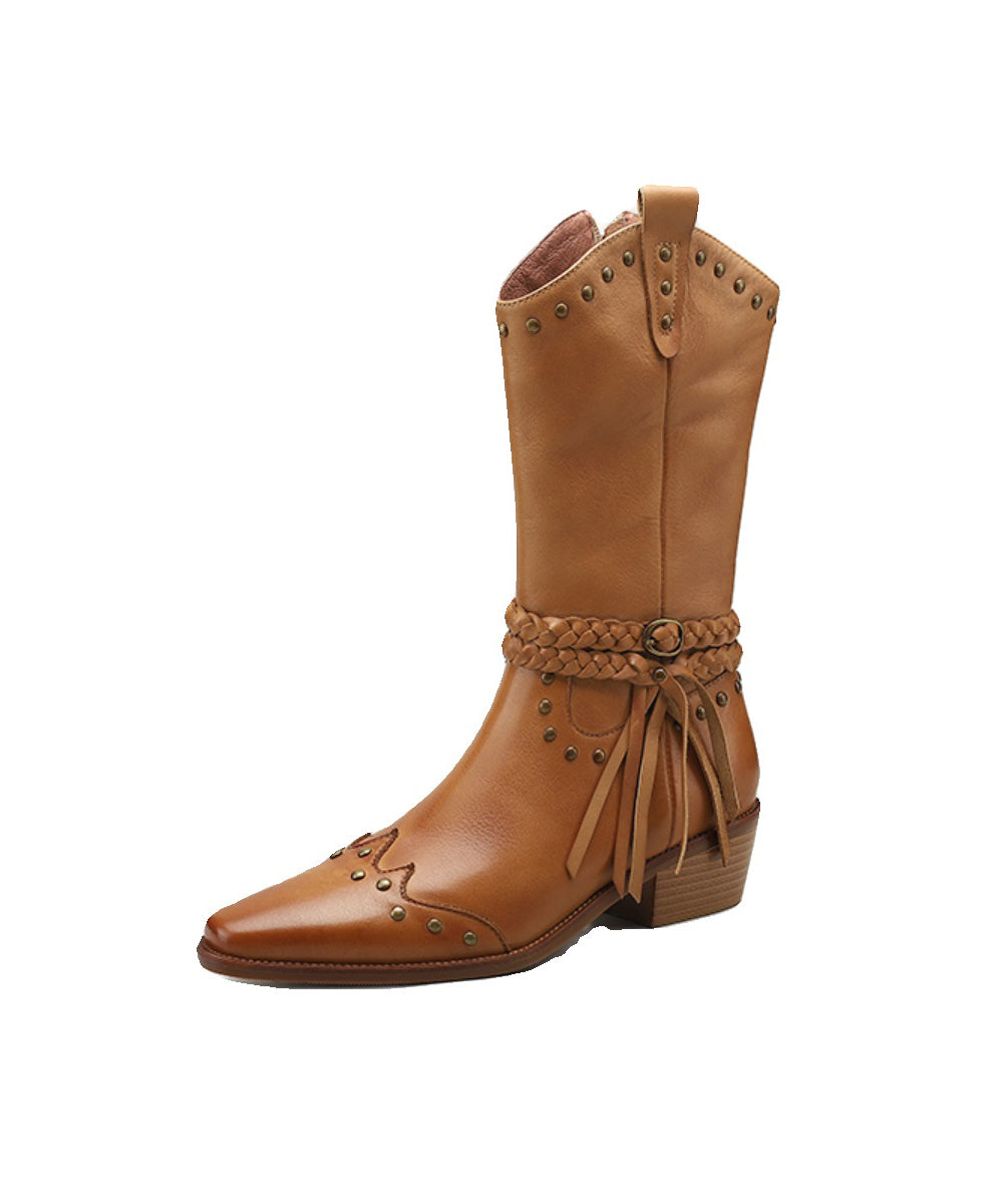 Splicing Rivet Tassel Chunky Boots Yellow Cowhide Leather