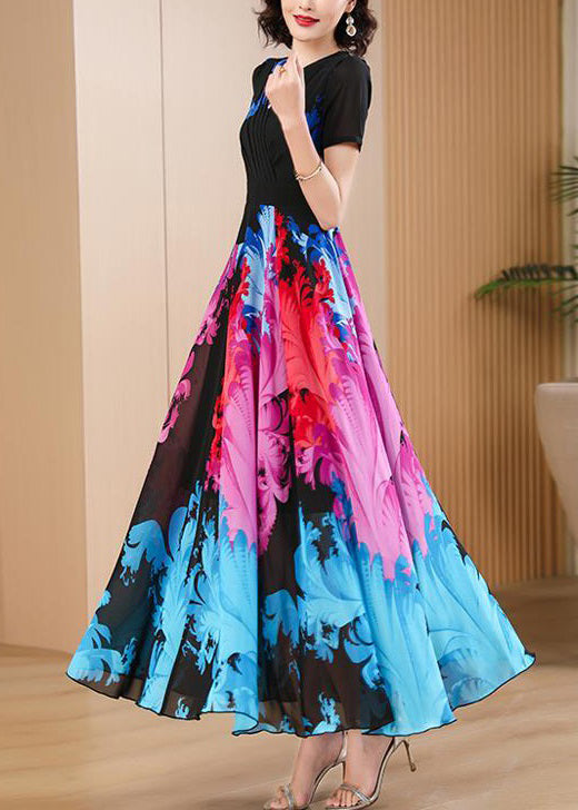 Black V Neck Print High Waist Chiffon Maxi Dresses Summer