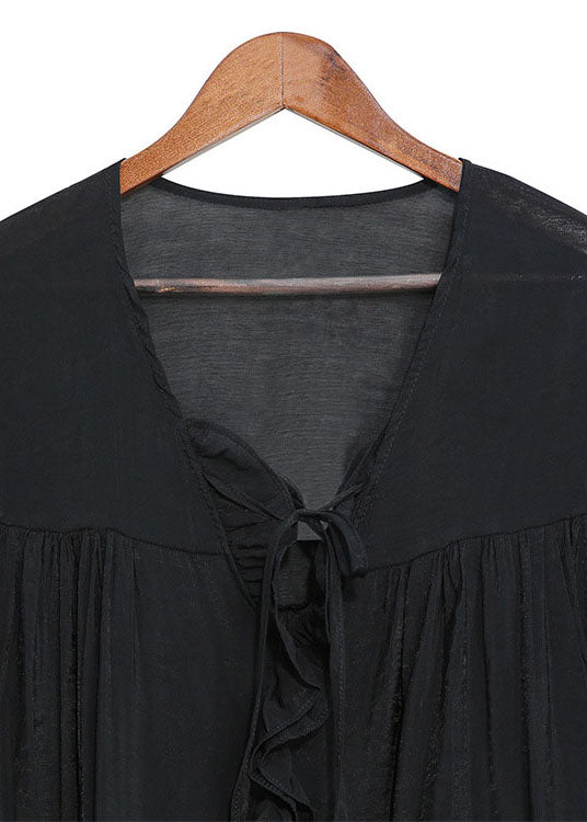 Fine Black V Neck Tie Wrinkled Top Three Quarter Sleeve