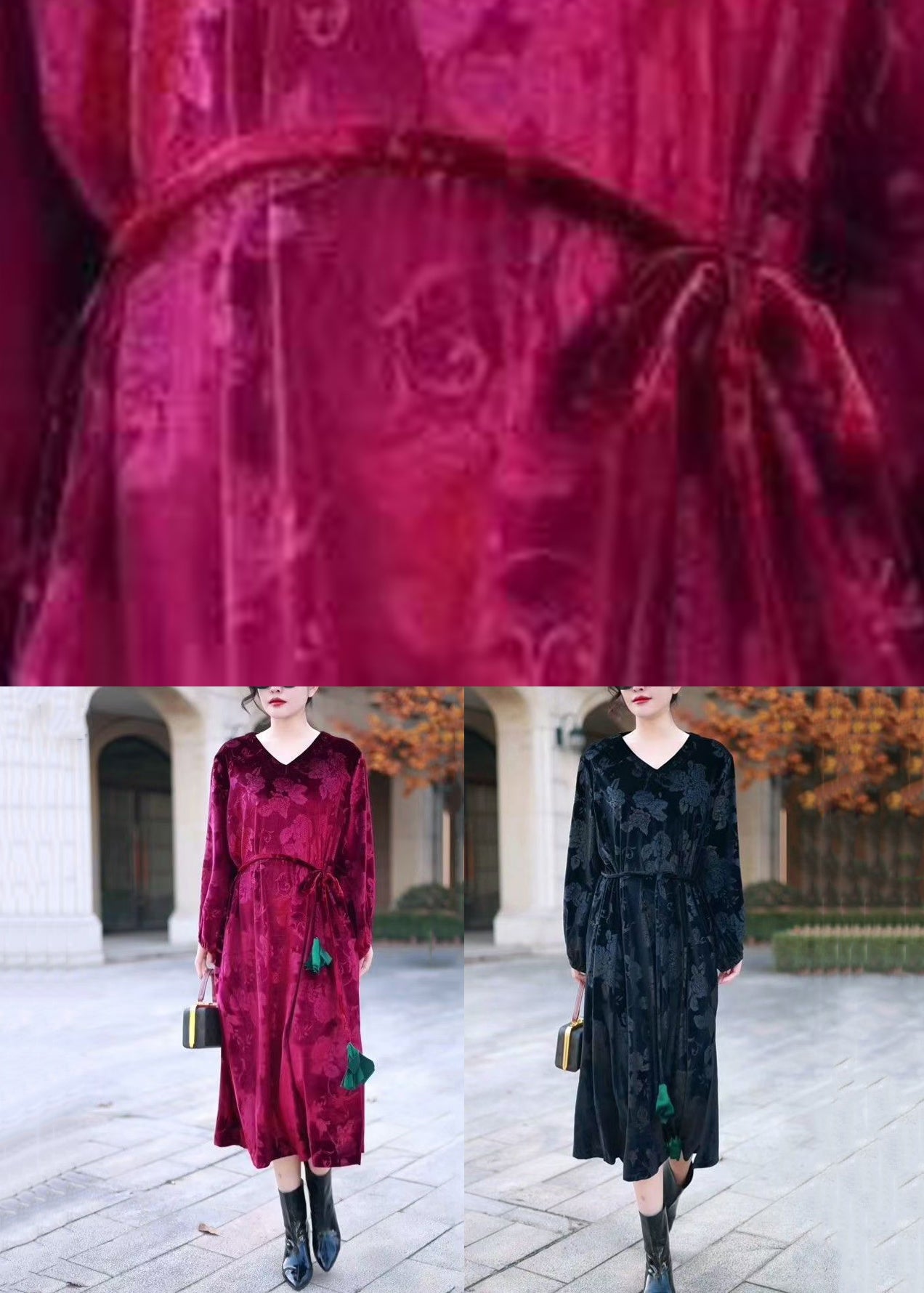 Black Side Open Silk Velour Long Dress V Neck Winter
