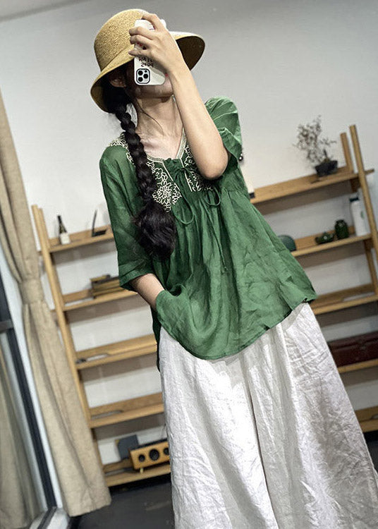 Green Embroideried Patchwork Lace Up Linen Top Short Sleeve