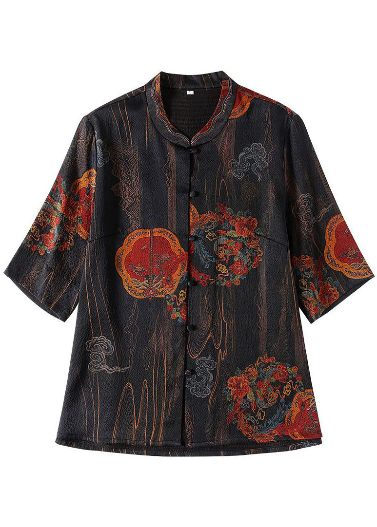 French Blue O-neck Print Button Silk Shirt Tops Half Sleeve