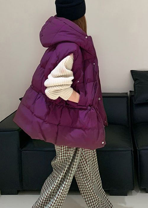 Purple Zip Up Drawstring Duck Down Hooded Vest Sleeveless