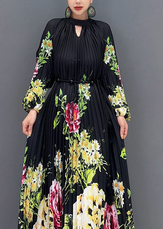 Black O-neck Print Wrinkled Long Dress Long Sleeve