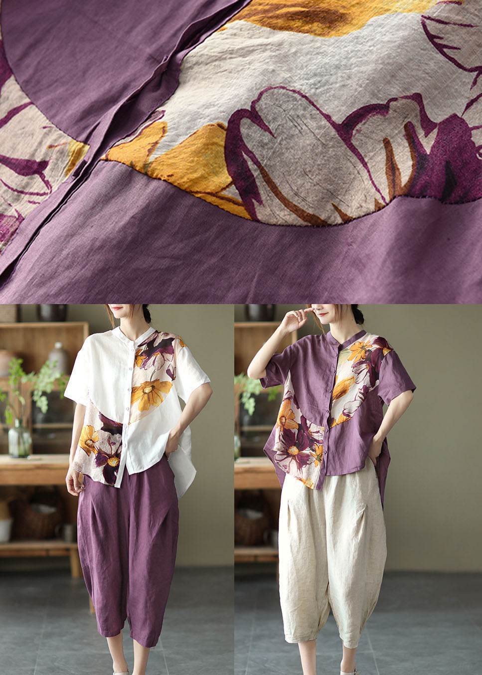 White Asymmetrical Design Print Loose Fall Shirt Half Sleeve