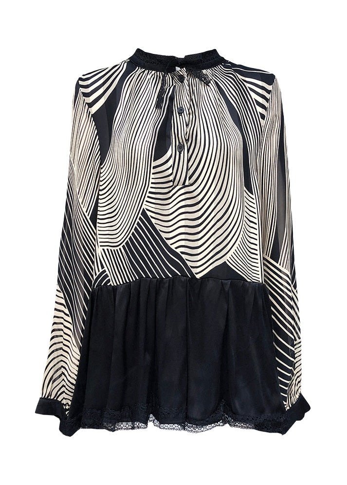 Black Stand Collar Patchwork Striped Button Chiffon Shirts Long Sleeve
