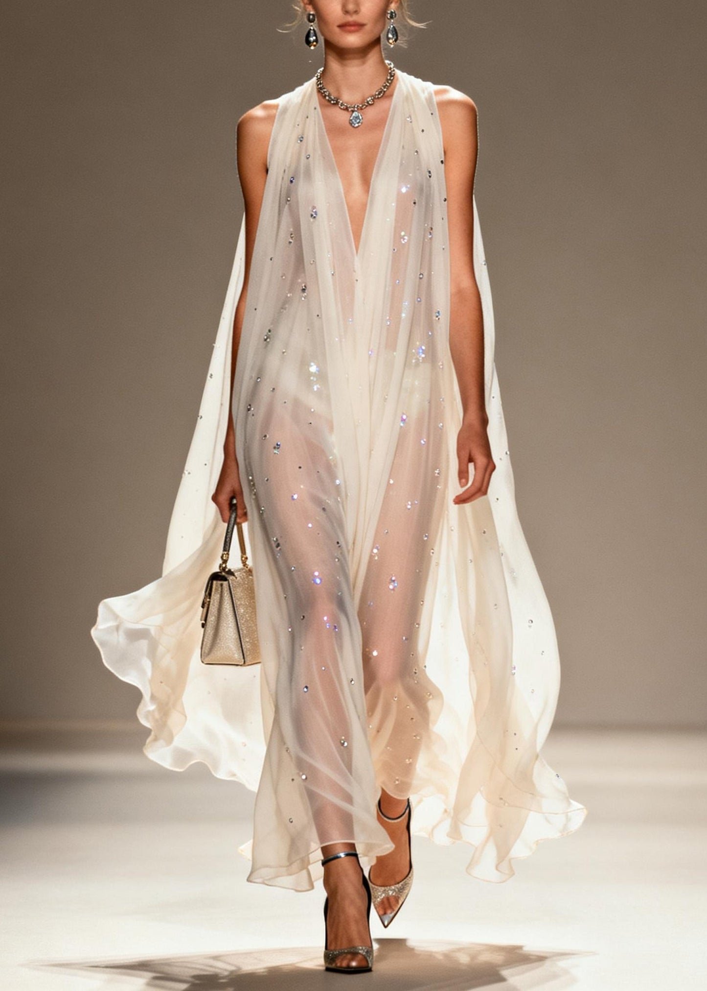 White Rhinestone Draping Chiffon Sheer Dress Sleeveless Summer