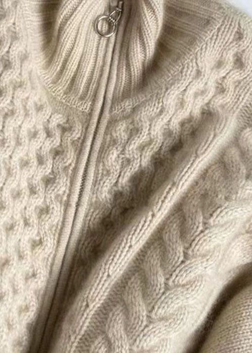 Diy Beige Zip Up Woolen Knitted Tops Coat Winters