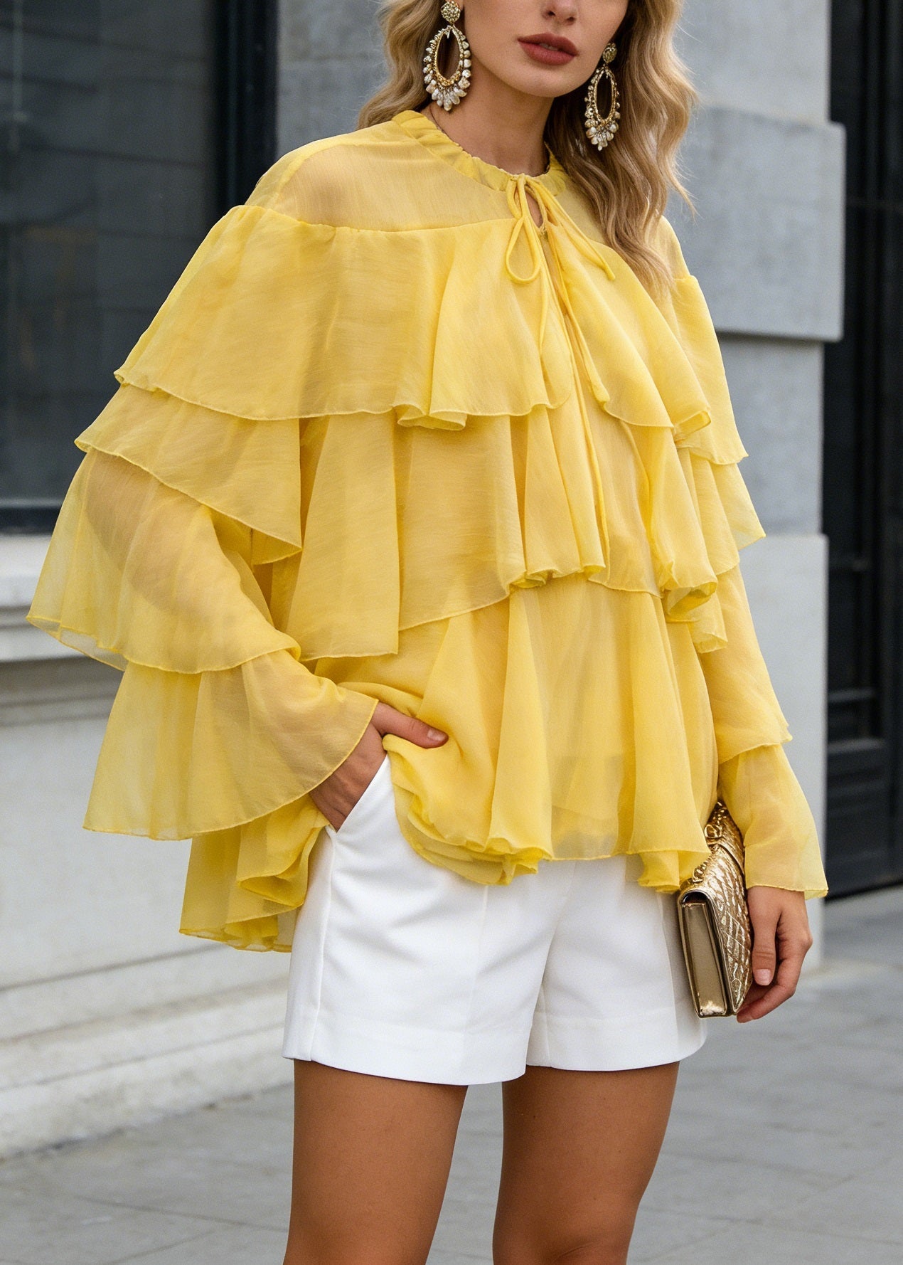 Yellow O Neck Ruffled Patchwork Chiffon Tops Spring