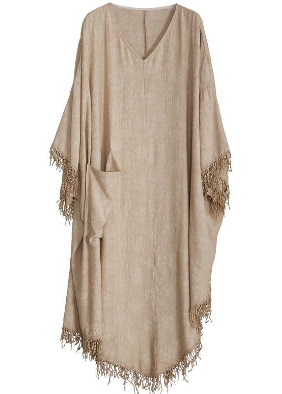 Khaki Silk Linen Jacquard Tassel Dress Two Piece Set