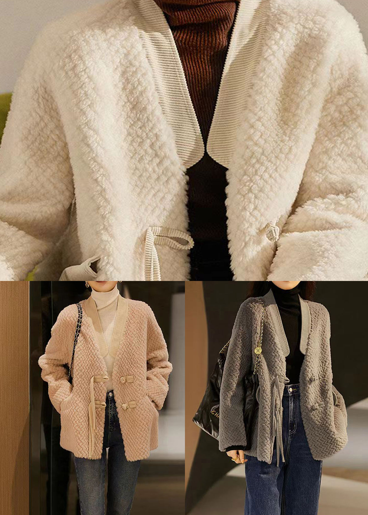 Grey V Neck Pockets Button Patchwork Wool Coat Winter