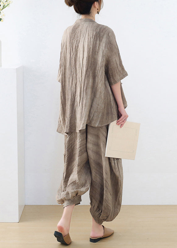 Khaki Asymmetrical Tie Dye Lace Up Linen Two Pieces Set Fall