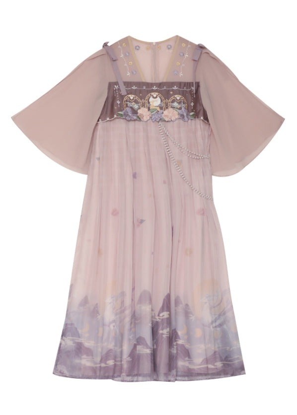 Pink Embroideried Wrinkled Patchwork Chiffon Dress Half Sleeve