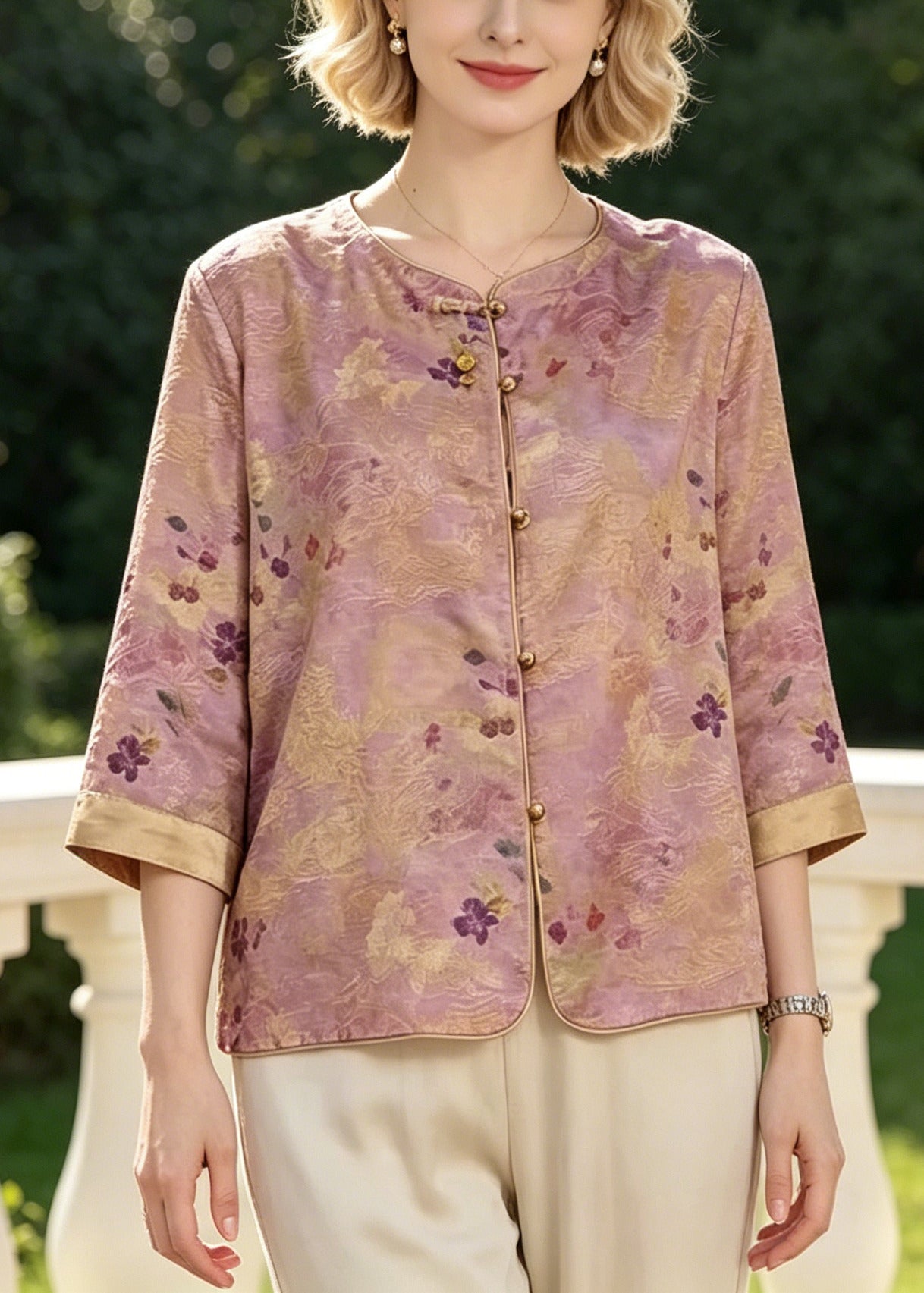 Purple O-neck Print Silk Shirt Top Bracelet Sleeve