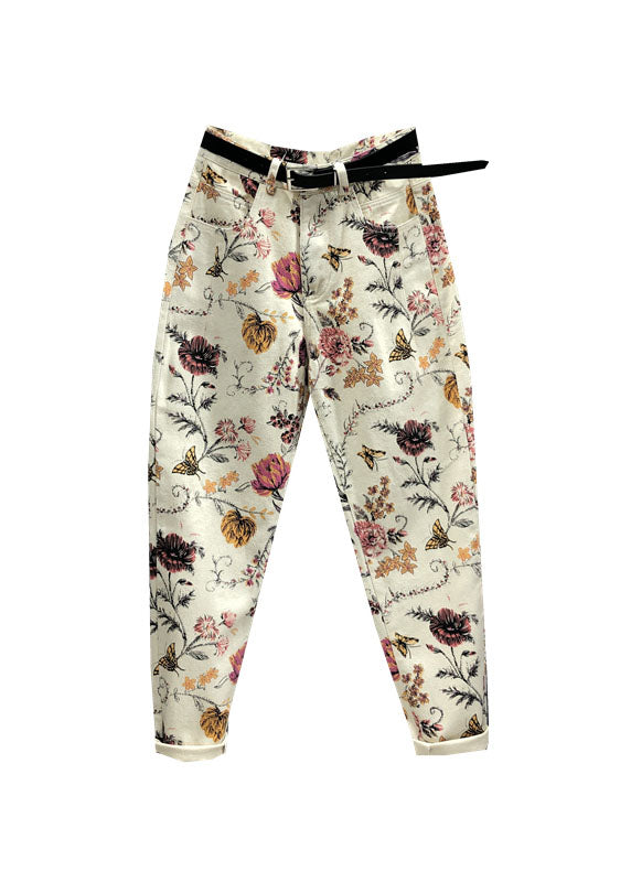 Apricot Print High Waist Sashes Pockets Beam Jeans