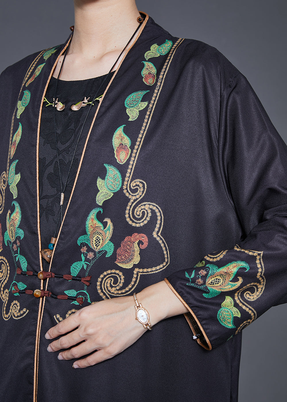 Black Embroidered Chinese Button Silk Two Pieces Set Fall
