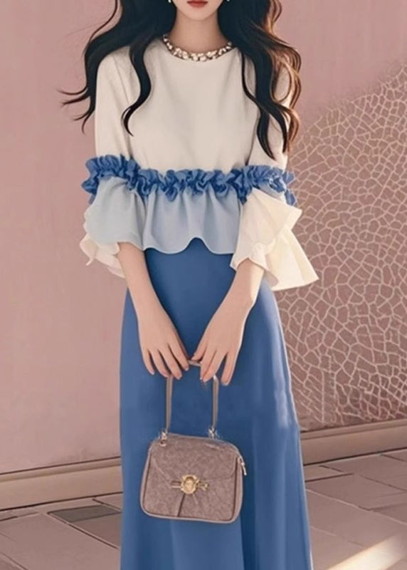 New Apricot Ruffled Tops and Blue Skirts Cotton Two Piece Set Fall