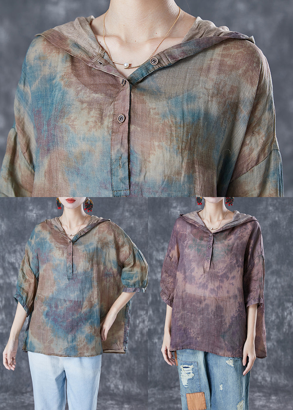 Blue Oversized Tie Dye Linen Shirt Tops Bracelet Sleeve