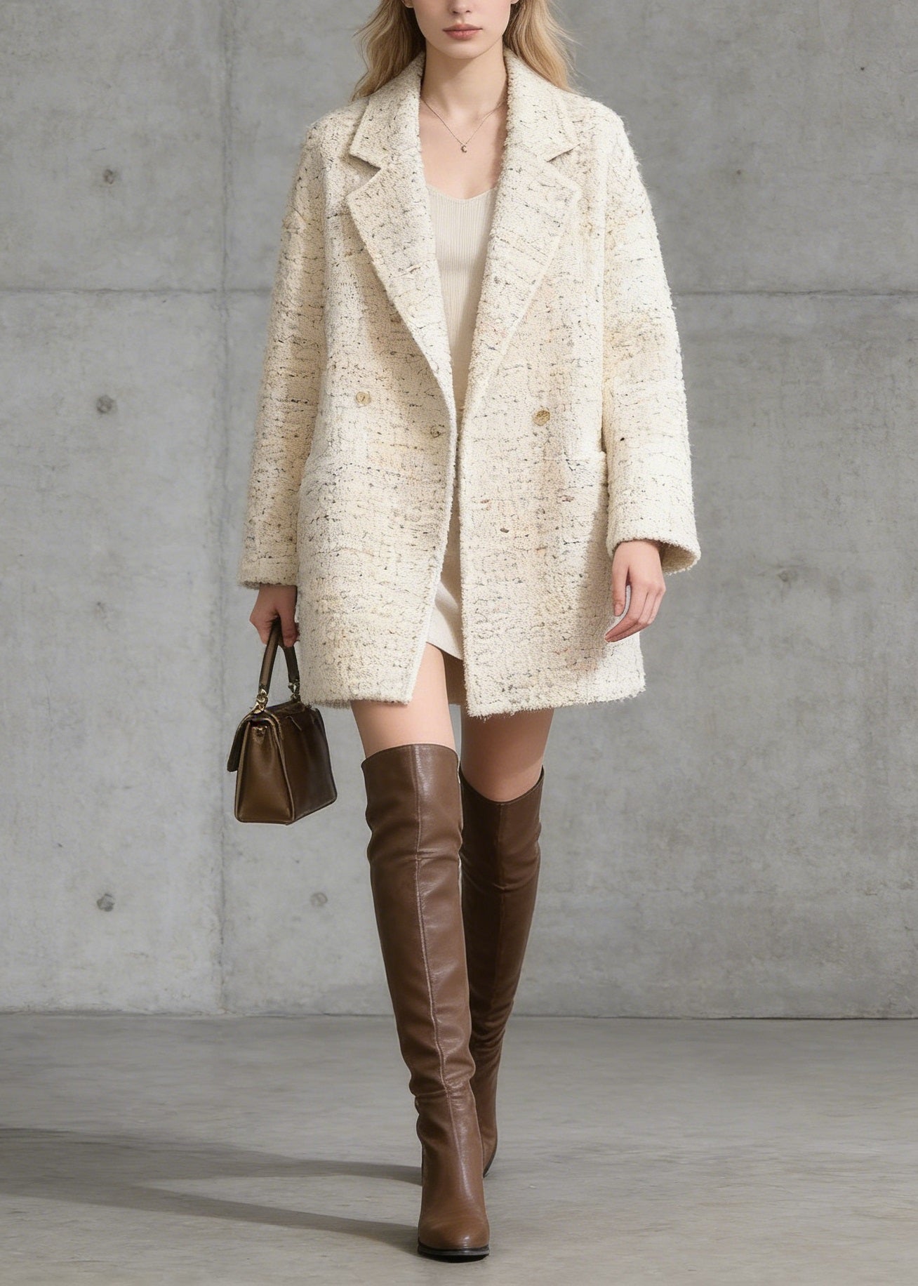 French Beige Peter Pan Collar Pockets Woolen Coat Spring