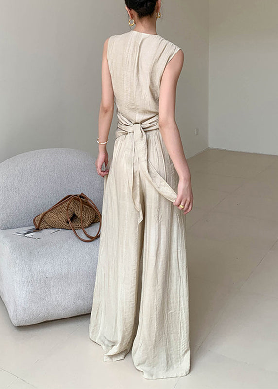 Brief V Neck Silk Linen Top and Wide Leg Pants Two Pieces Set Sleeveless Summer