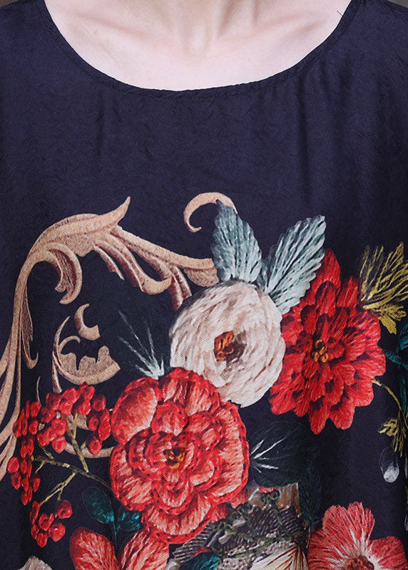 Loose Black O-neck Tassel Print Silk Long Dress Gown Batwing Sleeve