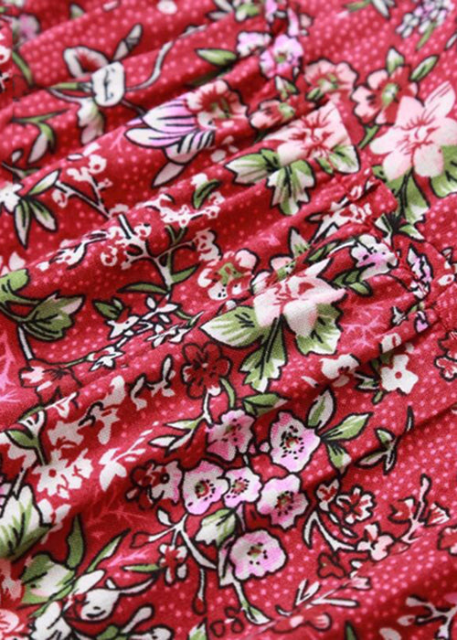 Red O-neck Button Print Patchwork Beach Dresses Short Sleeve