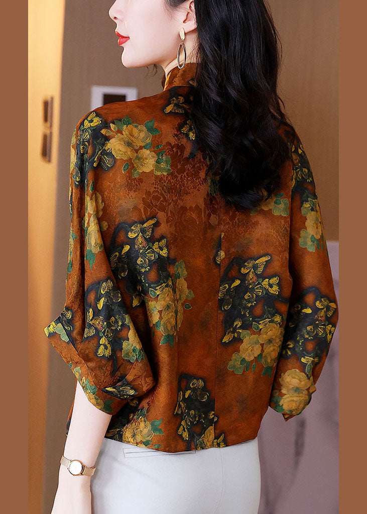 Orange Stand Collar Oriental Button Print Silk Blouses Batwing Sleeve