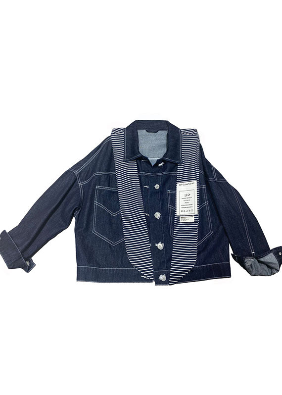Navy Pockets Button Patchwork Fall Long Sleeve Denim Coat