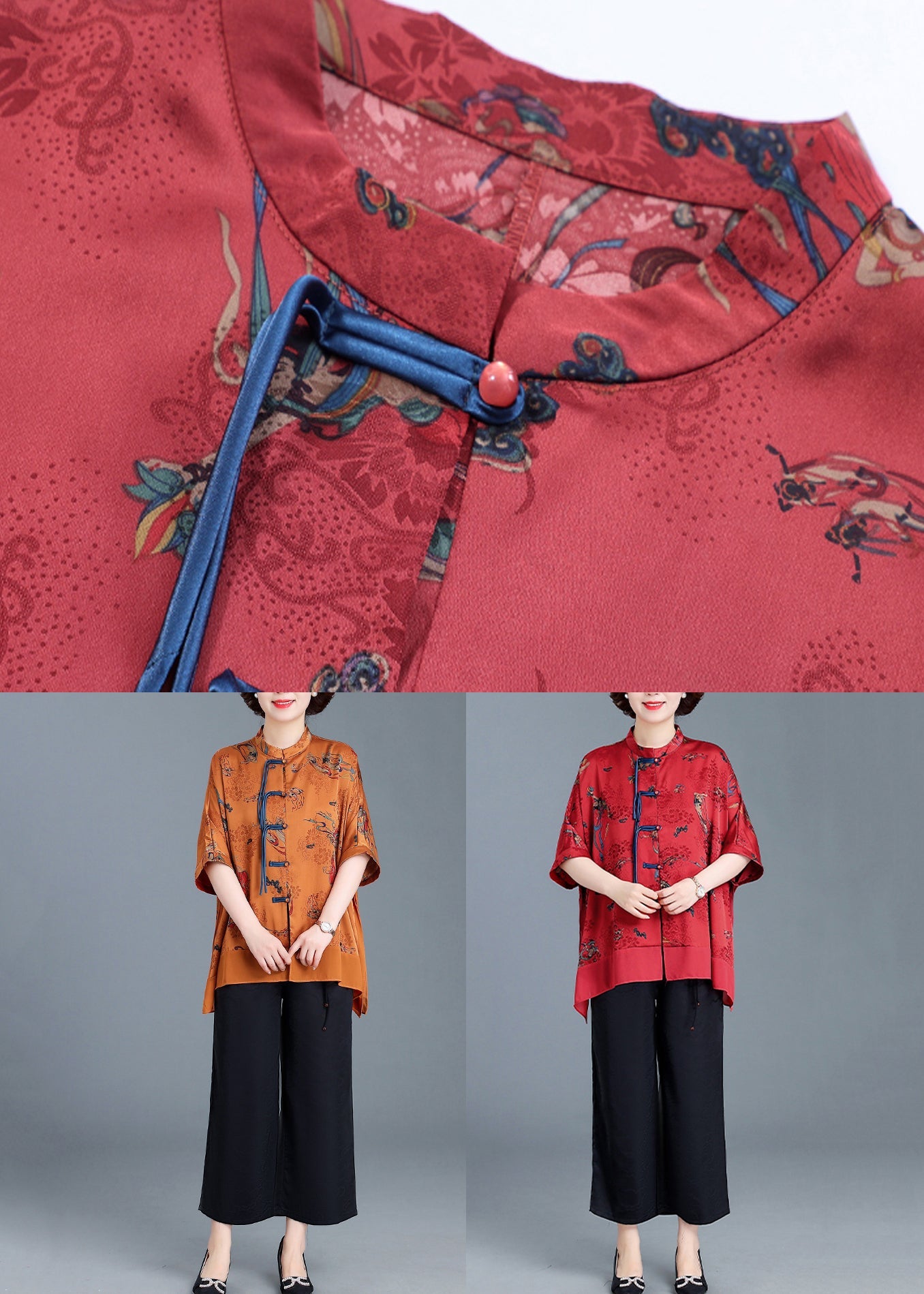 Yellow Stand Collar Button Patchwork Silk Two Pieces Set Half Sleeve