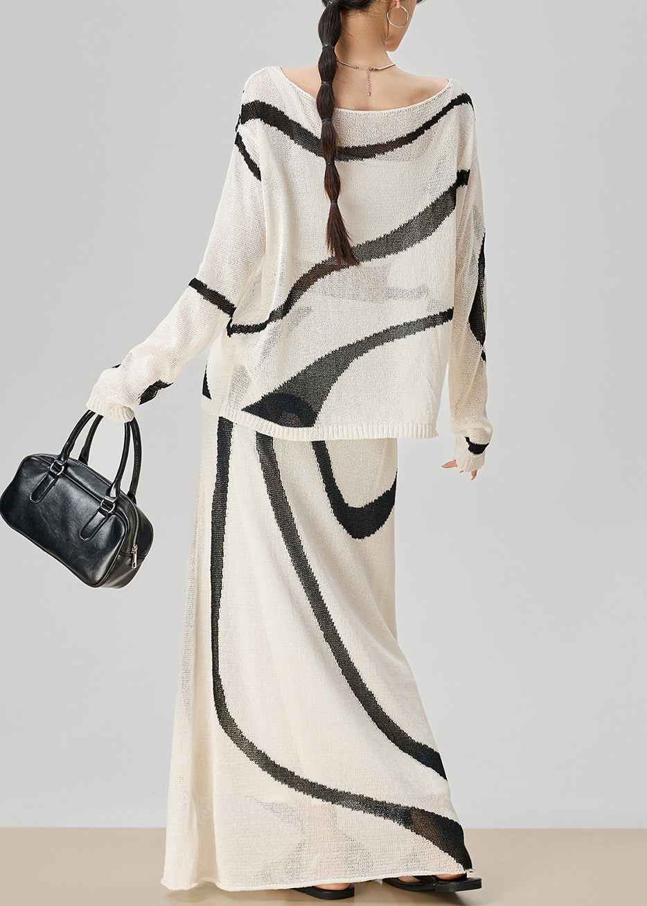 Boutique White Striped Tops and Skirts Knit Two Pieces Set Fall