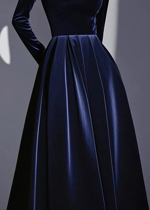 Slim Fit Navy Turtleneck High Waist Silk Velvet Dresses Fall