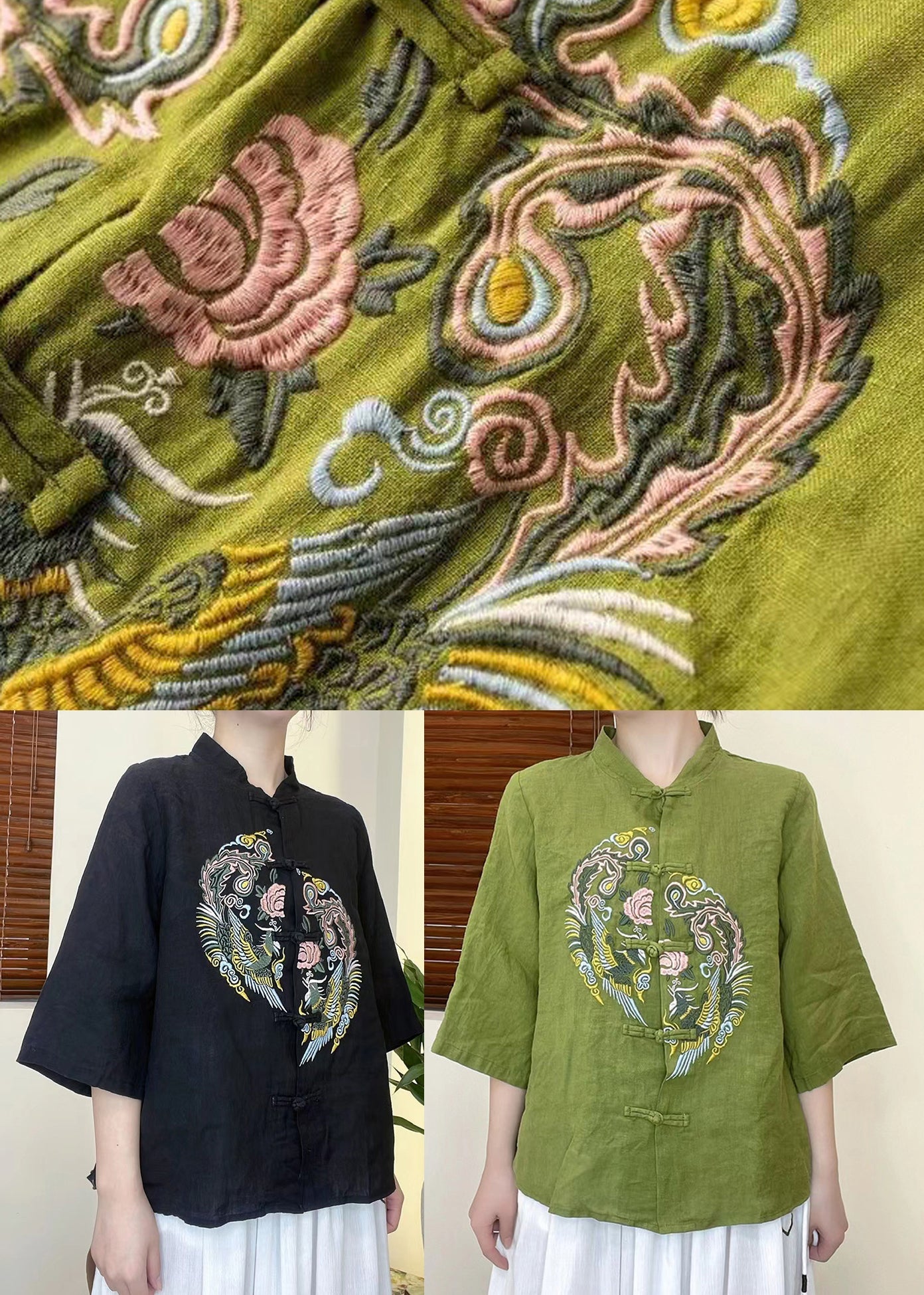 Green Embroideried Linen Shirt Top Half Sleeve