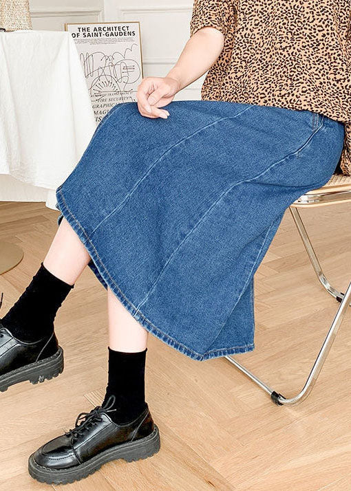 Boutique Denim Blue Elastic Waist Side Open Cotton a Line Skirt Summer